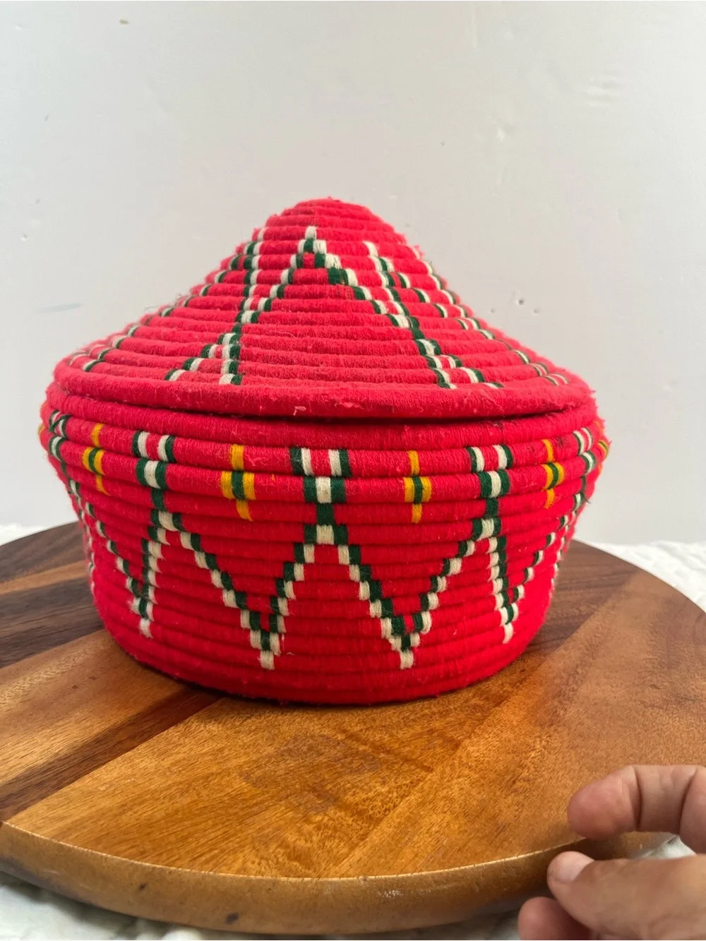 Vintage Ethiopian Handwoven Red Decorative Storage Basket with Lid